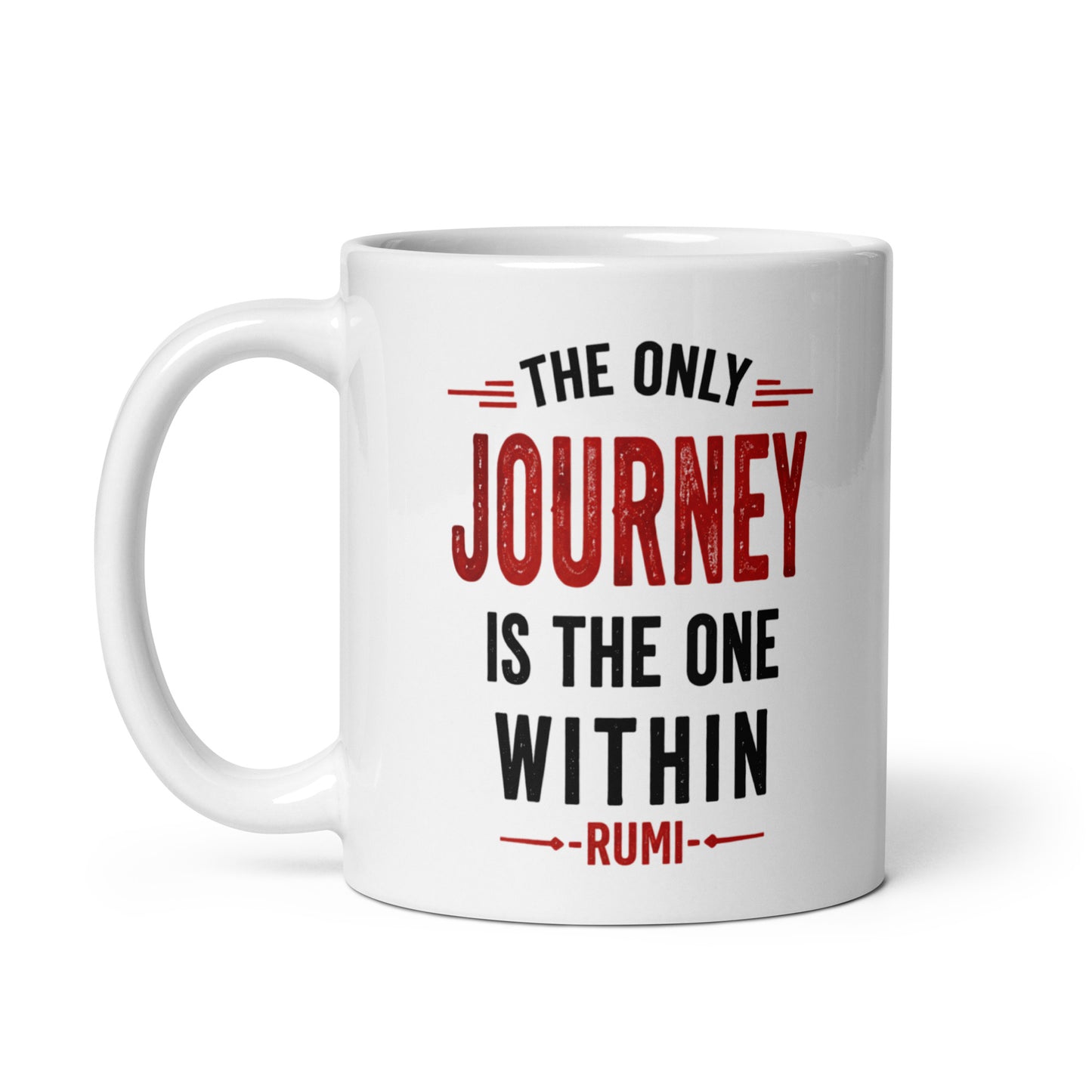 White The Only Journey is the One Within Spiritual Quote Mug showing spiritual quote design