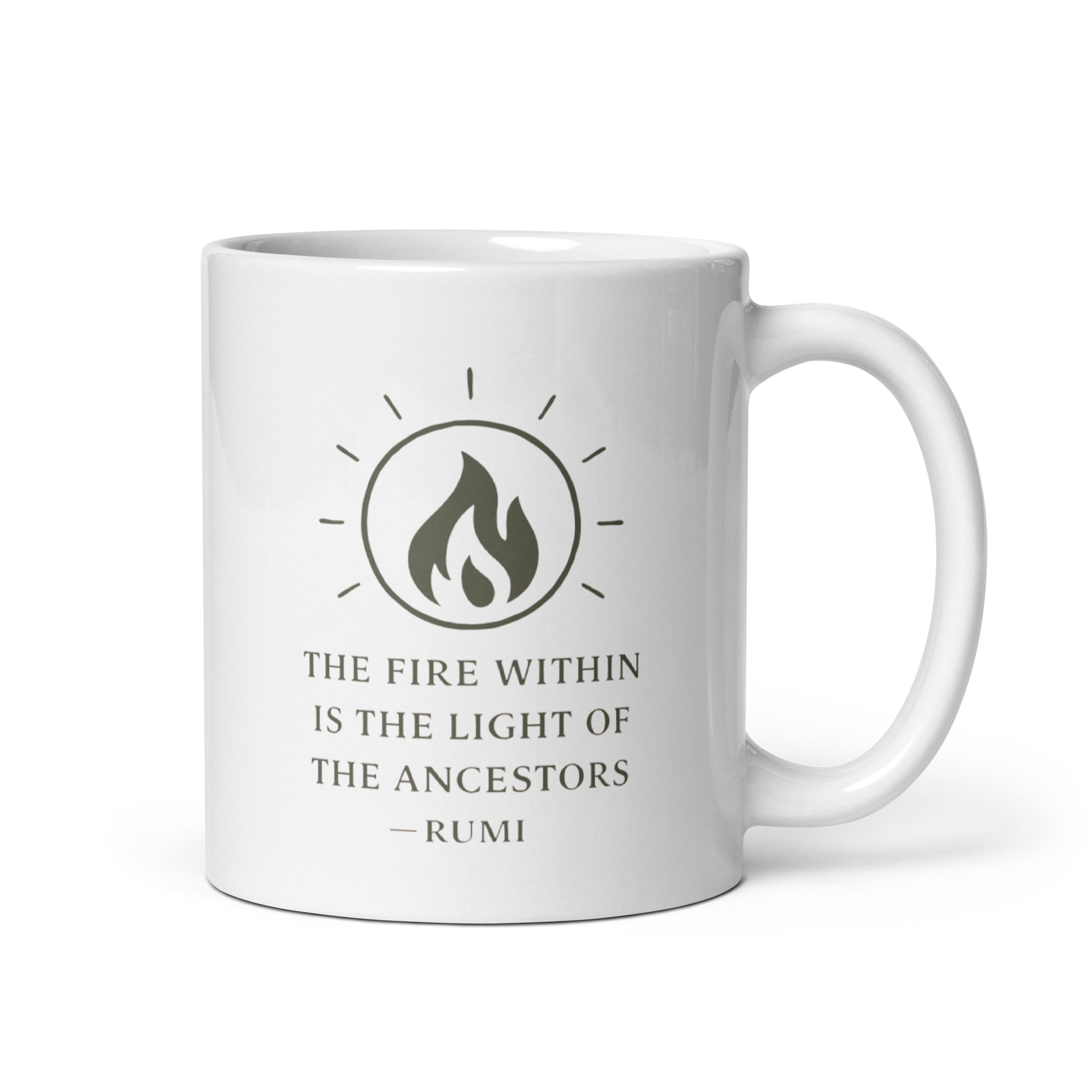 White The Fire Within is the Light of the Ancestors Spiritual Wellness Mug showing spiritual quote design